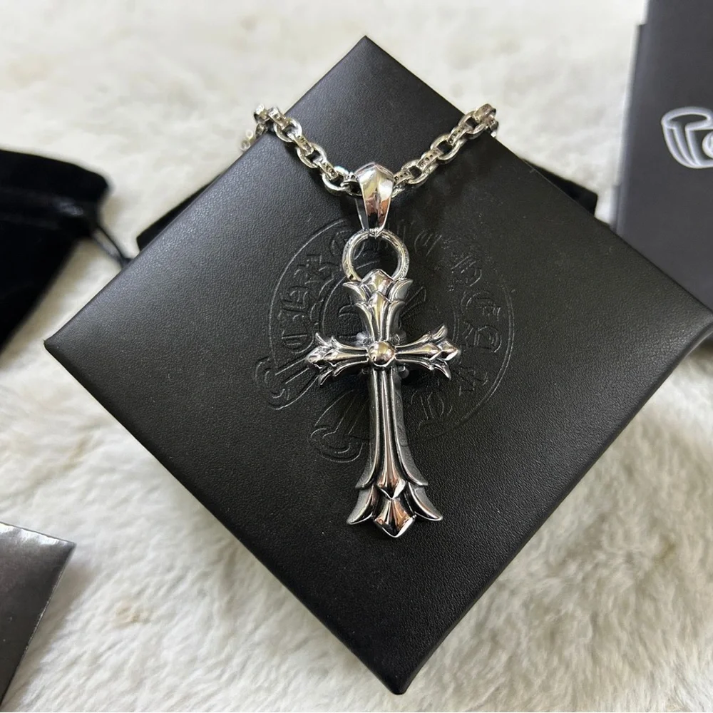 Chrome Hearts Silver Gothic Fleur Cross Pendant Necklace